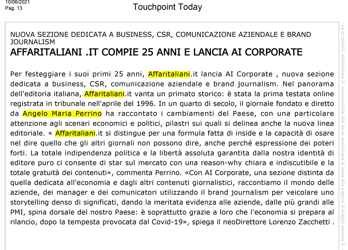 Affari Italiani fa notizia: la rassegna stampa sui 25 anni e AI Corporate Affari Italiani fa notizia: la rassegna stampa sui 25 anni e AI Corporate