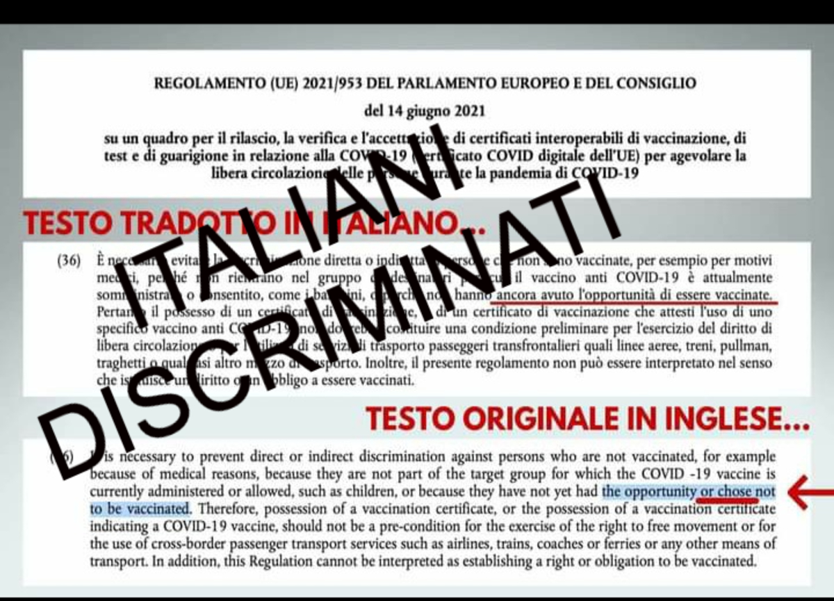Green Pass UE: nella traduzione italiana scompare la libertà di non vaccinarsi Green Pass UE: nella traduzione italiana scompare la libertà di non vaccinarsi