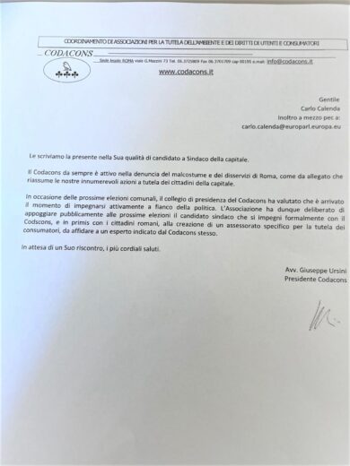 Calenda-Codacons, lettera di Ursini: “Appoggeremo chi ci darà un assessorato”