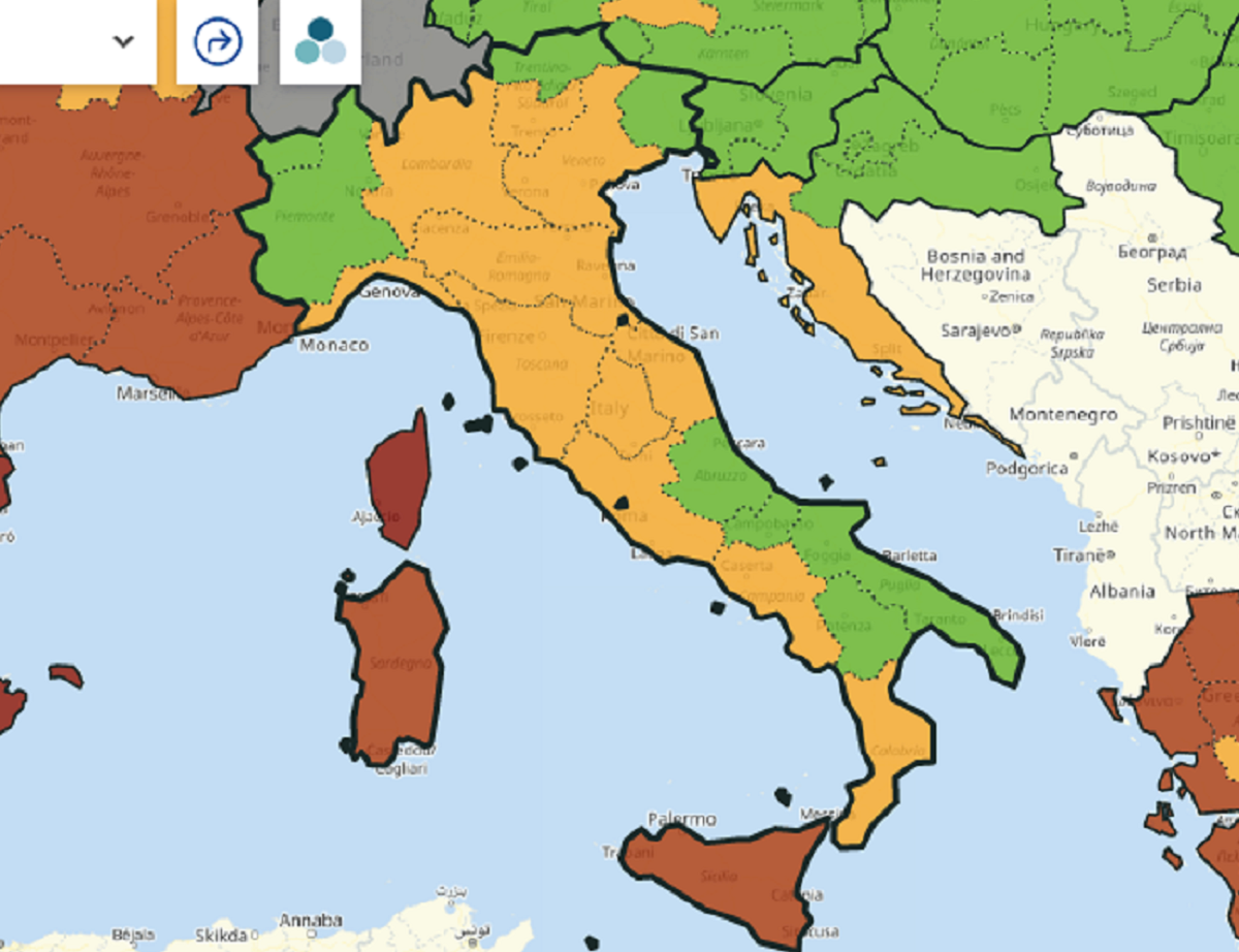 Covid-19, mappa Ue zone a rischio: due Regioni italiane in zona rossa Covid-19, mappa Ue zone a rischio: due Regioni italiane in zona rossa