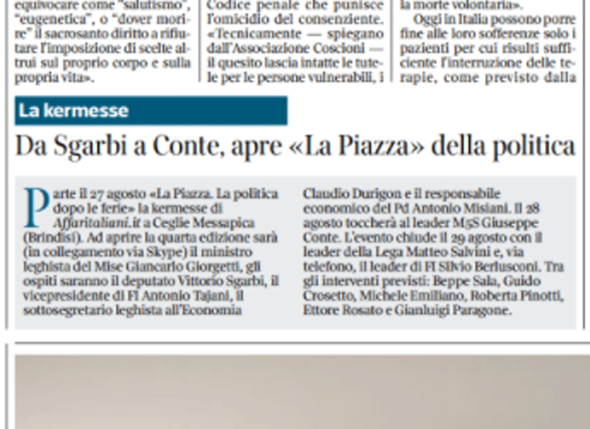 La Piazza sul Corriere della Sera. La kermesse di Affari fa notizia La Piazza sul Corriere della Sera. La kermesse di Affari fa notizia