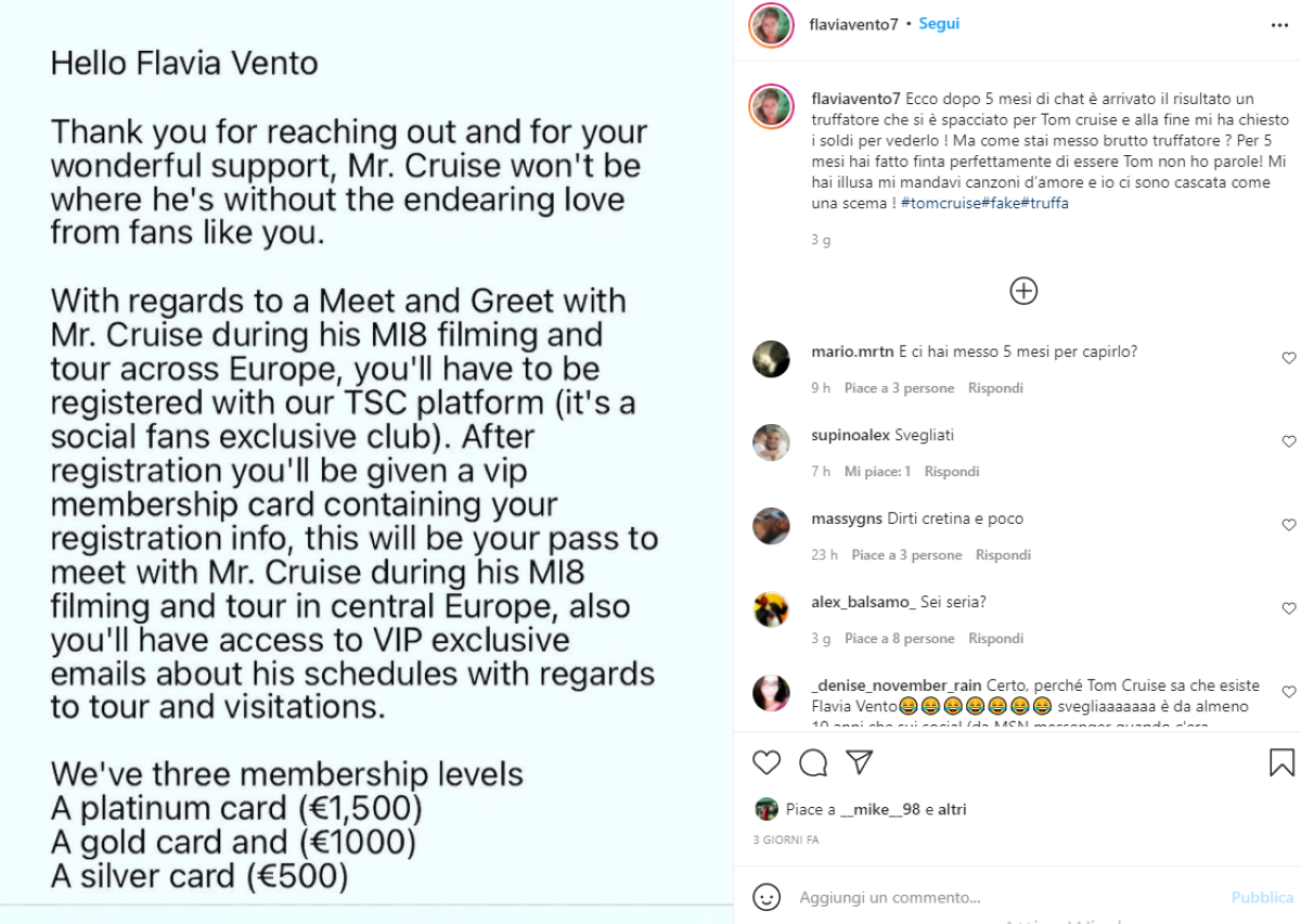 Flavia Vento e Tom Cruise insieme: 5 mesi di corteggiamento, ma era una truffa Flavia Vento e Tom Cruise insieme: 5 mesi di corteggiamento, ma era una truffa
