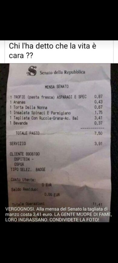 Alla mensa del Senato la tagliata di manzo con rucola costa 3,41 euro