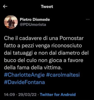 Tweet offensivo su Carol Maltesi, Pietro Diomede fuori da Zelig