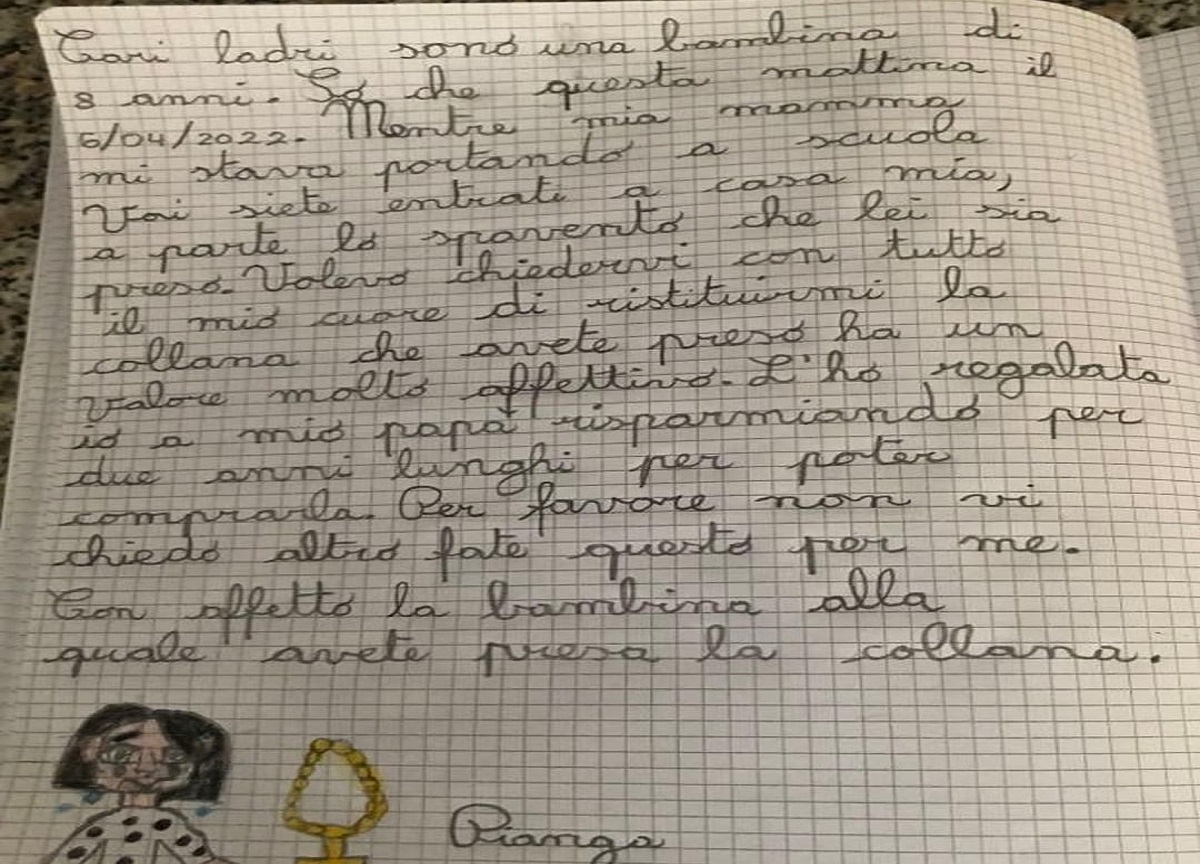 “Cari ladri, restituite la collana al mio papà”: la tenerissima lettera “Cari ladri, restituite la collana al mio papà”: la tenerissima lettera