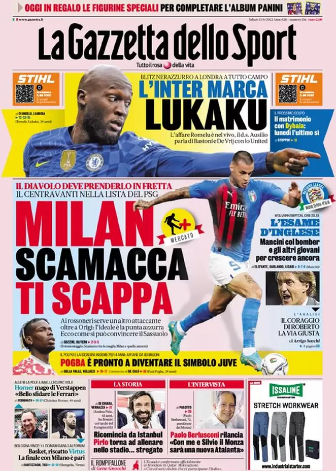 Prime pagine quotidiani sportivi 11 giugno 2022: l’Inter in pressing su Lukaku
