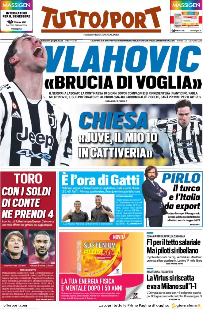 Prime pagine quotidiani sportivi 11 giugno 2022: l’Inter in pressing su Lukaku