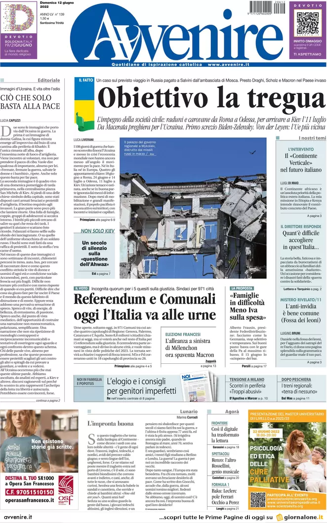 Prime pagine quotidiani 12 giugno 2022: referendum, Salvini, scudo anticrisi