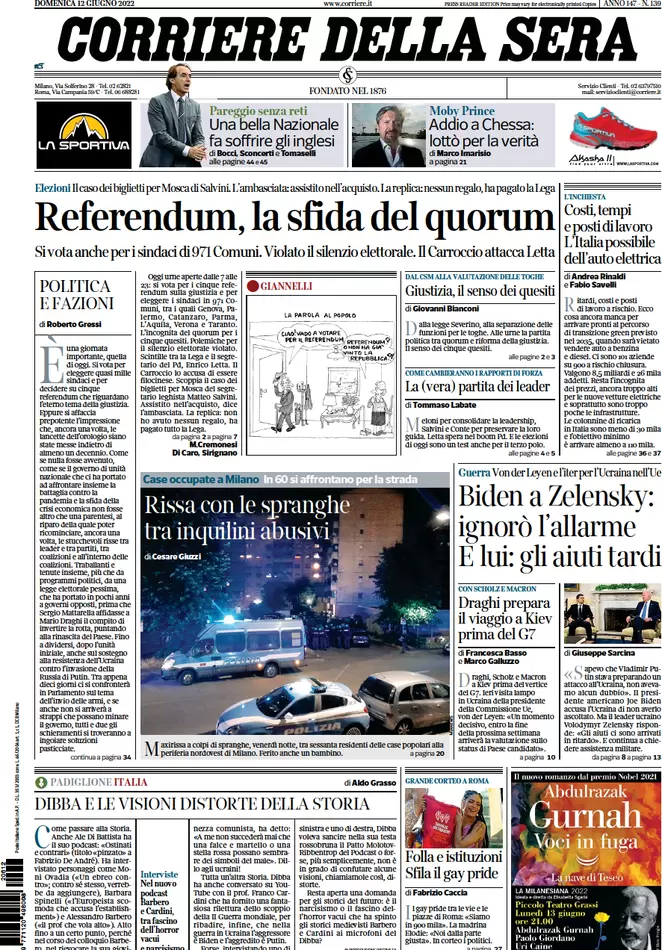 Prime pagine quotidiani 12 giugno 2022: referendum, Salvini, scudo anticrisi