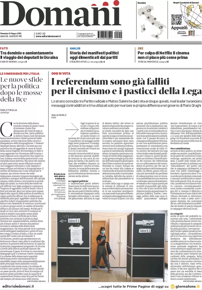 Prime pagine quotidiani 12 giugno 2022: referendum, Salvini, scudo anticrisi