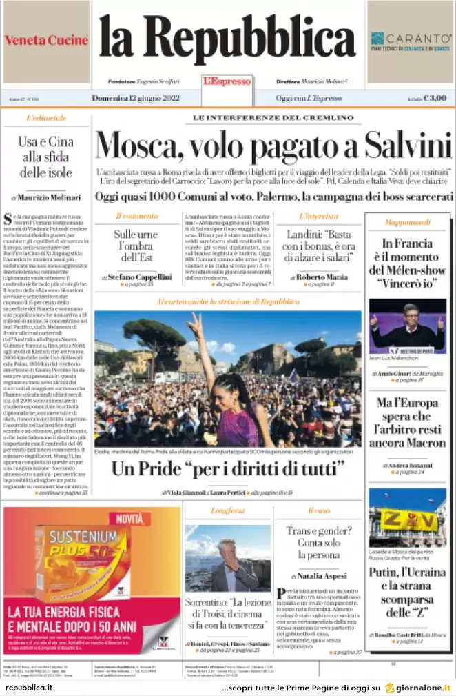 Prime pagine quotidiani 12 giugno 2022: referendum, Salvini, scudo anticrisi