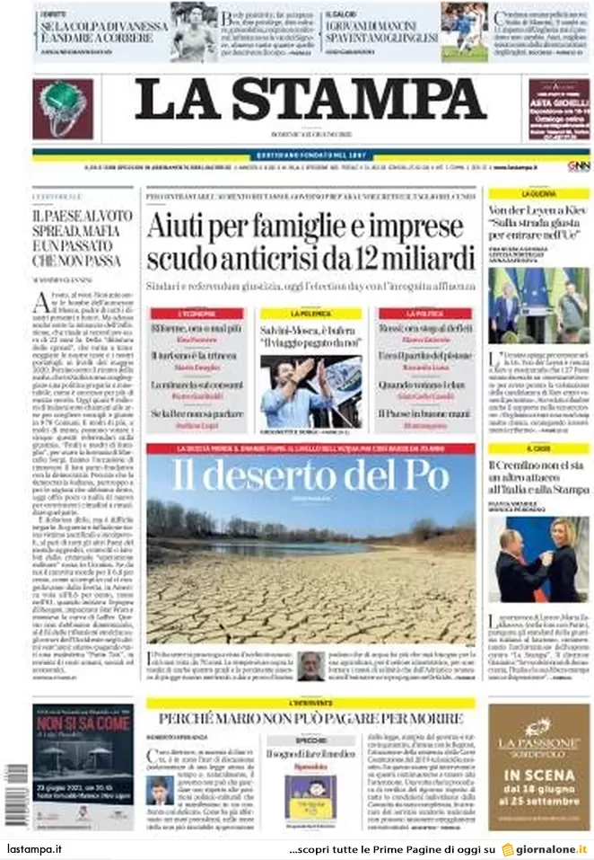 Prime pagine quotidiani 12 giugno 2022: referendum, Salvini, scudo anticrisi