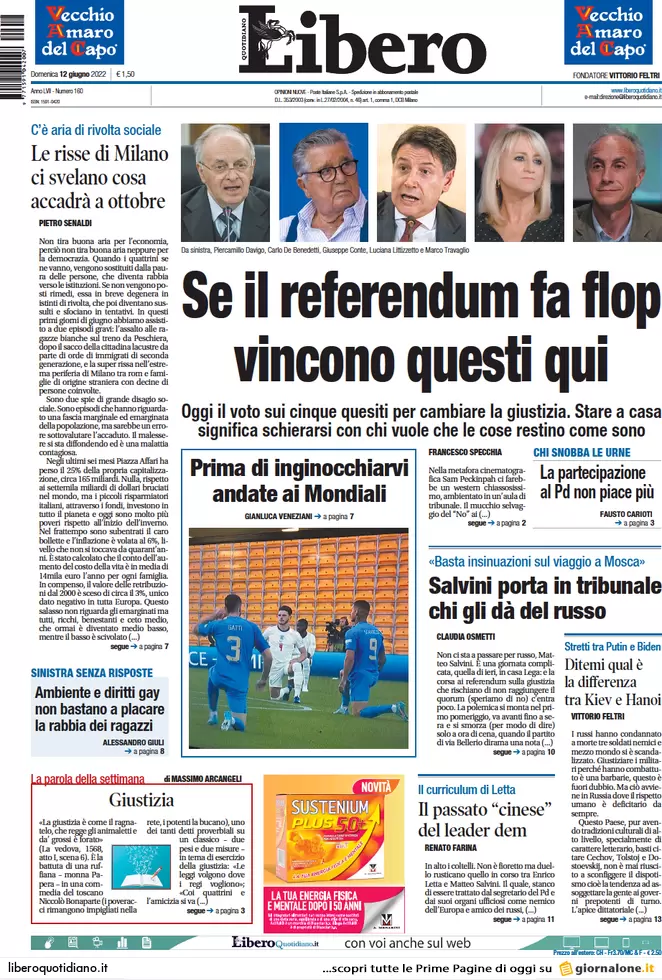 Prime pagine quotidiani 12 giugno 2022: referendum, Salvini, scudo anticrisi