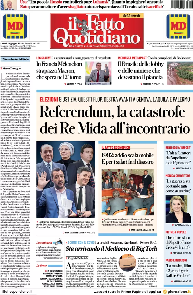 Prime pagine quotidiani 13 giugno 2022: referendum flop ed exit poll comunali Prime pagine quotidiani 13 giugno 2022: referendum flop ed exit poll comunali