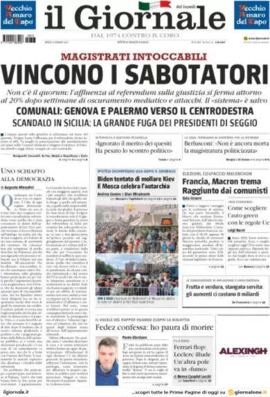 Prime pagine quotidiani 13 giugno 2022: referendum flop ed exit poll comunali