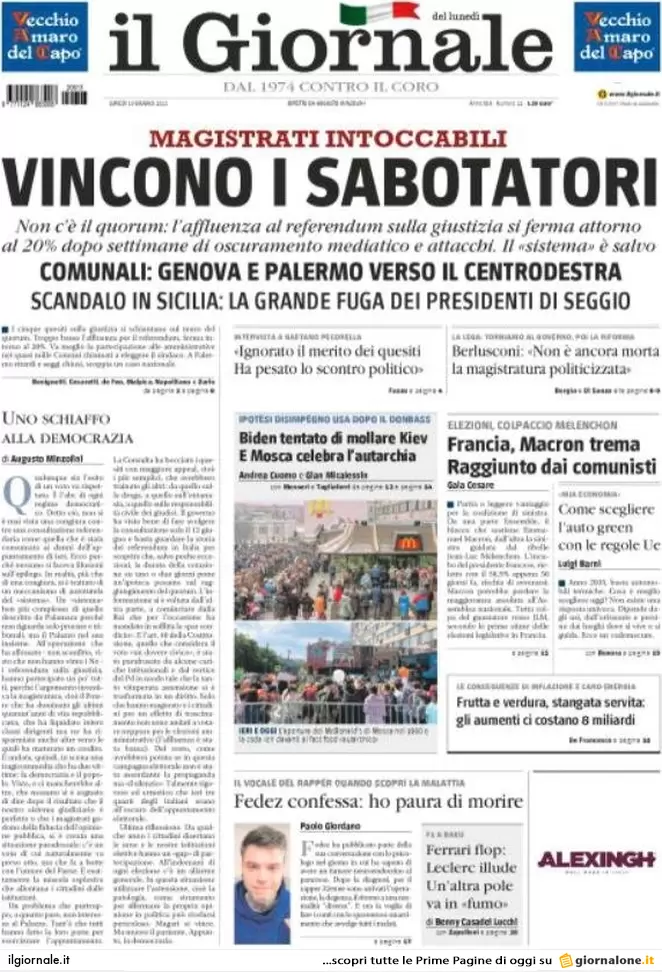Prime pagine quotidiani 13 giugno 2022: referendum flop ed exit poll comunali Prime pagine quotidiani 13 giugno 2022: referendum flop ed exit poll comunali