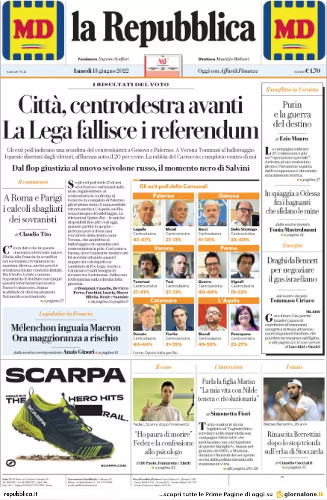 Prime pagine quotidiani 13 giugno 2022: referendum flop ed exit poll comunali Prime pagine quotidiani 13 giugno 2022: referendum flop ed exit poll comunali