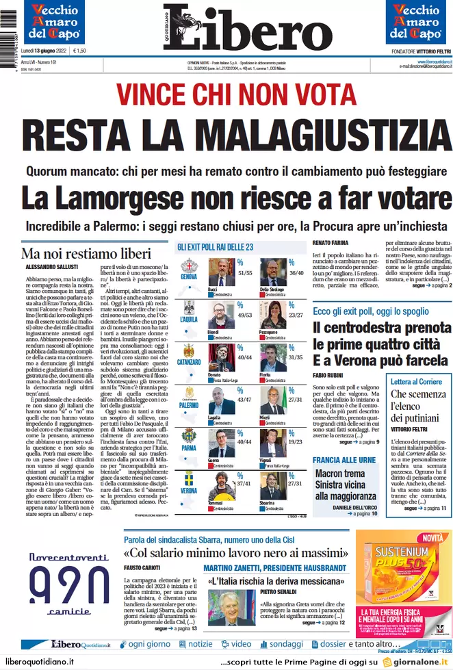 Prime pagine quotidiani 13 giugno 2022: referendum flop ed exit poll comunali Prime pagine quotidiani 13 giugno 2022: referendum flop ed exit poll comunali