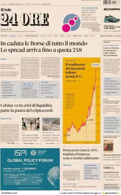 Prime pagine quotidiani economici 14 giugno 2022: incubo Spread a quota 248