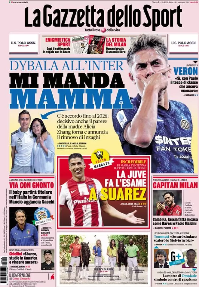 Prime pagine quotidiani sportivi 14 giugno 2022: Dybala vuole solo l’Inter Prime pagine quotidiani sportivi 14 giugno 2022: Dybala vuole solo l’Inter