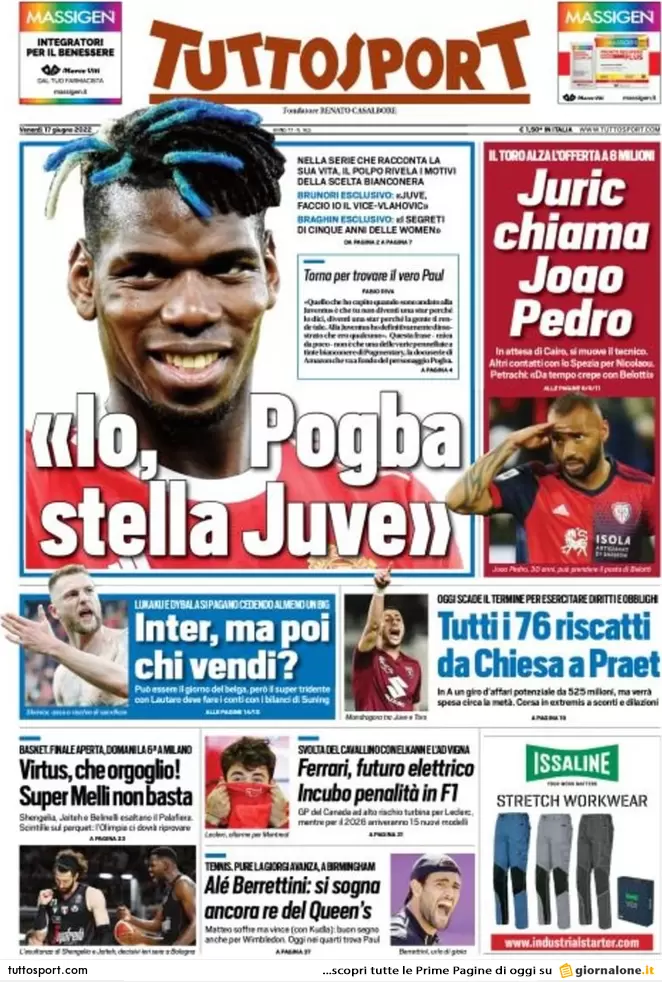 Prime pagine quotidiani sportivi 17 giugno 2022: il giorno di Lukaku all’Inter
