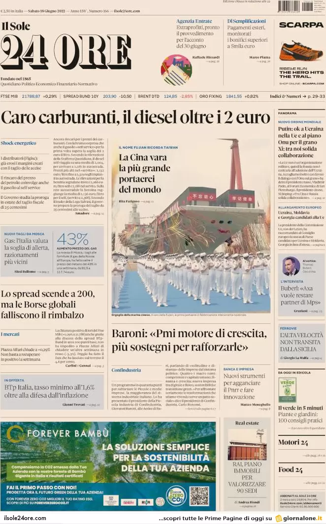 Prime pagine quotidiani 18 giugno 2022: Putin fa tremare Biden, bivio M5s