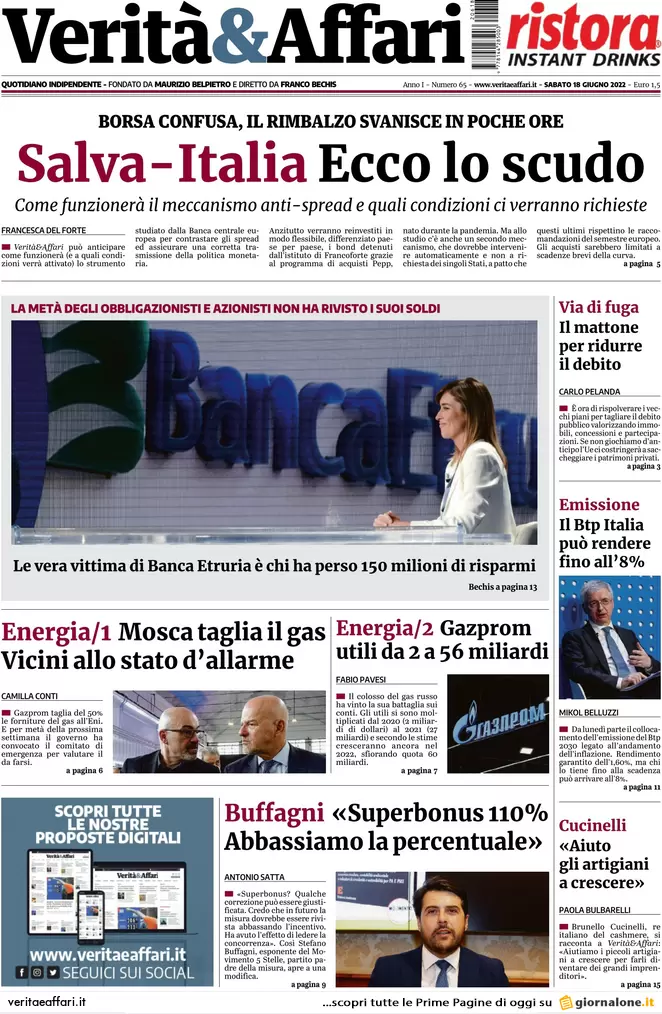 Prime pagine quotidiani 18 giugno 2022: Putin fa tremare Biden, bivio M5s