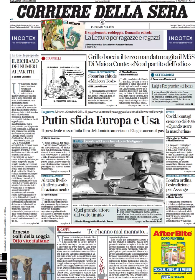 Prime pagine quotidiani 18 giugno 2022: Putin fa tremare Biden, bivio M5s