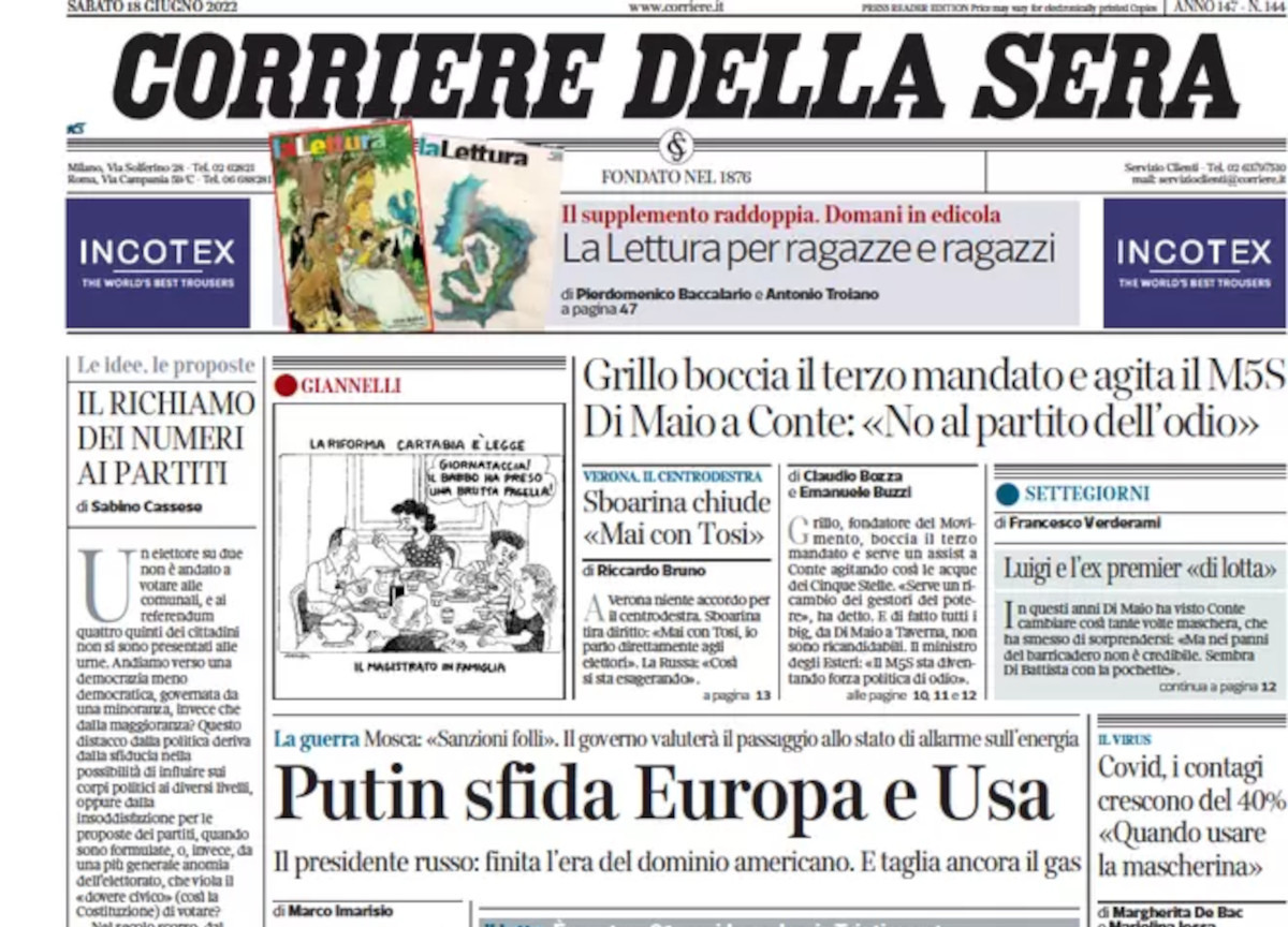 Prime pagine quotidiani 18 giugno 2022: Putin fa tremare Biden, bivio M5s