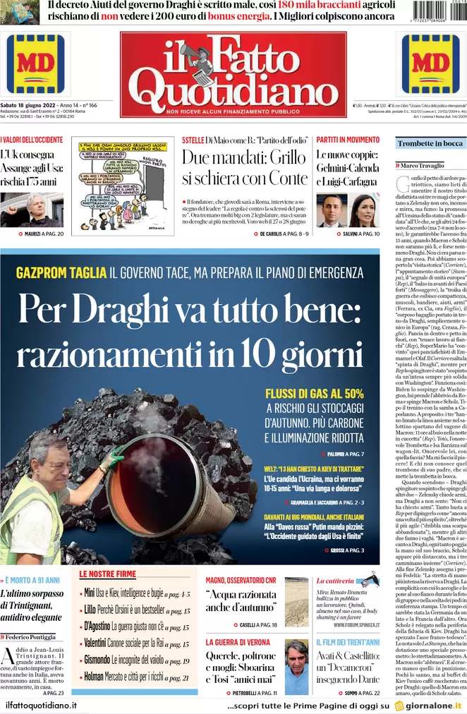 Prime pagine quotidiani 18 giugno 2022: Putin fa tremare Biden, bivio M5s
