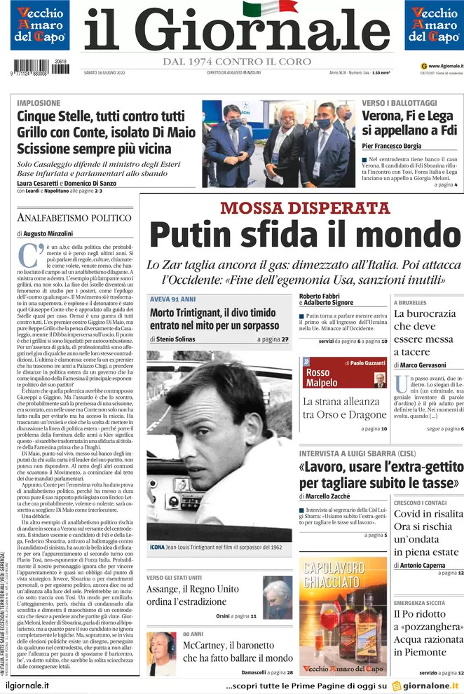 Prime pagine quotidiani 18 giugno 2022: Putin fa tremare Biden, bivio M5s