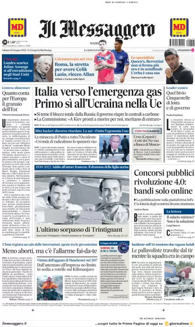 Prime pagine quotidiani 18 giugno 2022: Putin fa tremare Biden, bivio M5s
