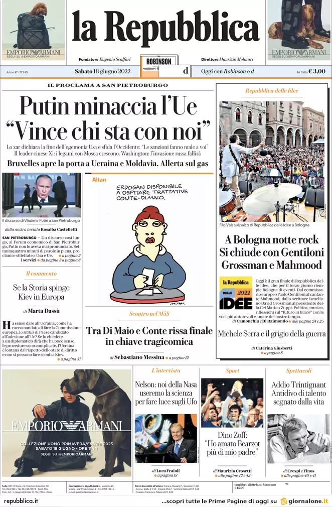 Prime pagine quotidiani 18 giugno 2022: Putin fa tremare Biden, bivio M5s