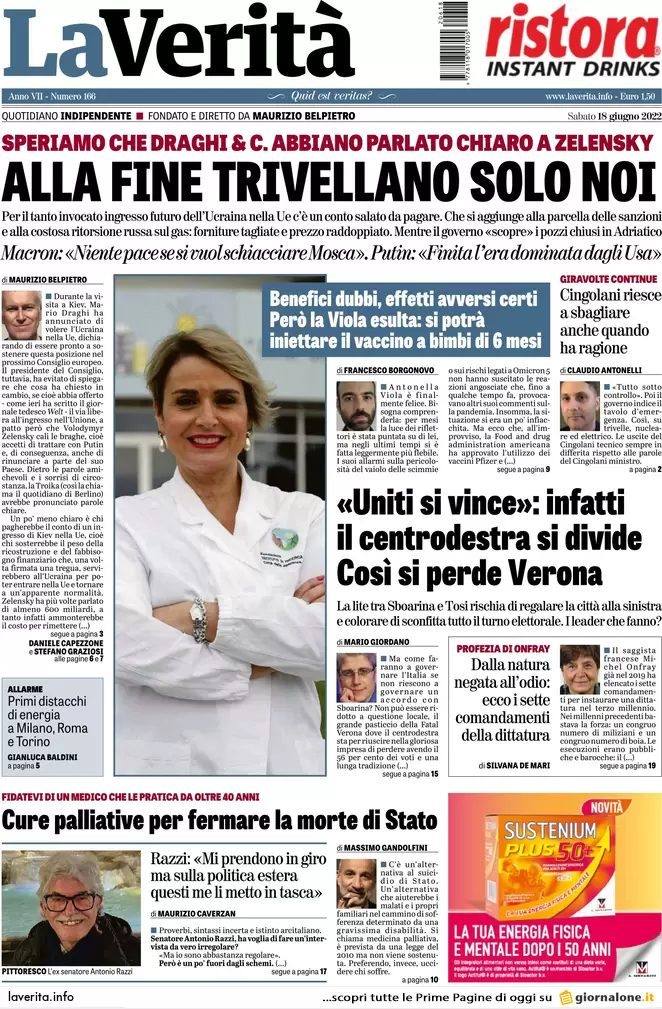 Prime pagine quotidiani 18 giugno 2022: Putin fa tremare Biden, bivio M5s