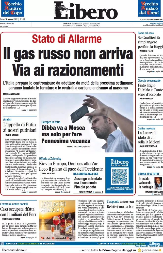 Prime pagine quotidiani 18 giugno 2022: Putin fa tremare Biden, bivio M5s