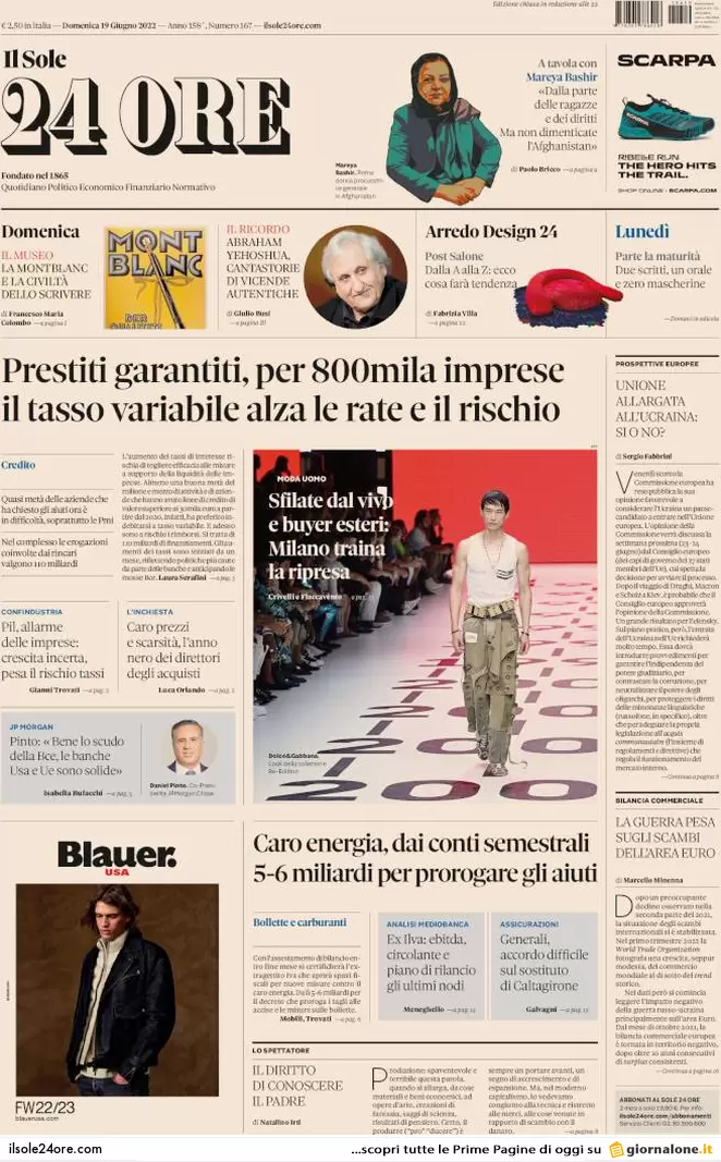 Prime pagine quotidiani 19 giugno 2022: razionamento gas e scissione nel M5s