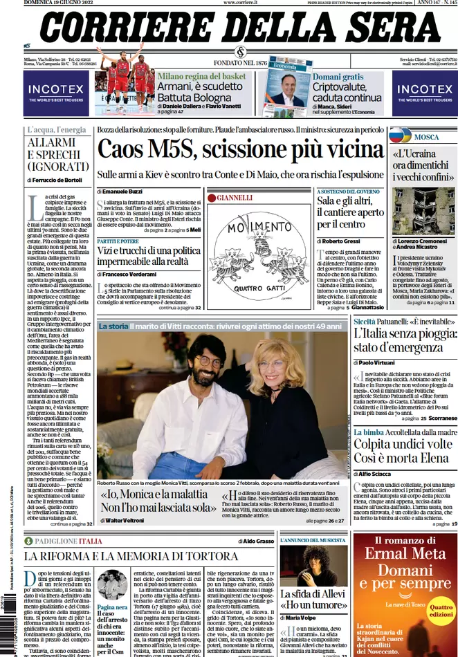 Prime pagine quotidiani 19 giugno 2022: razionamento gas e scissione nel M5s Prime pagine quotidiani 19 giugno 2022: razionamento gas e scissione nel M5s