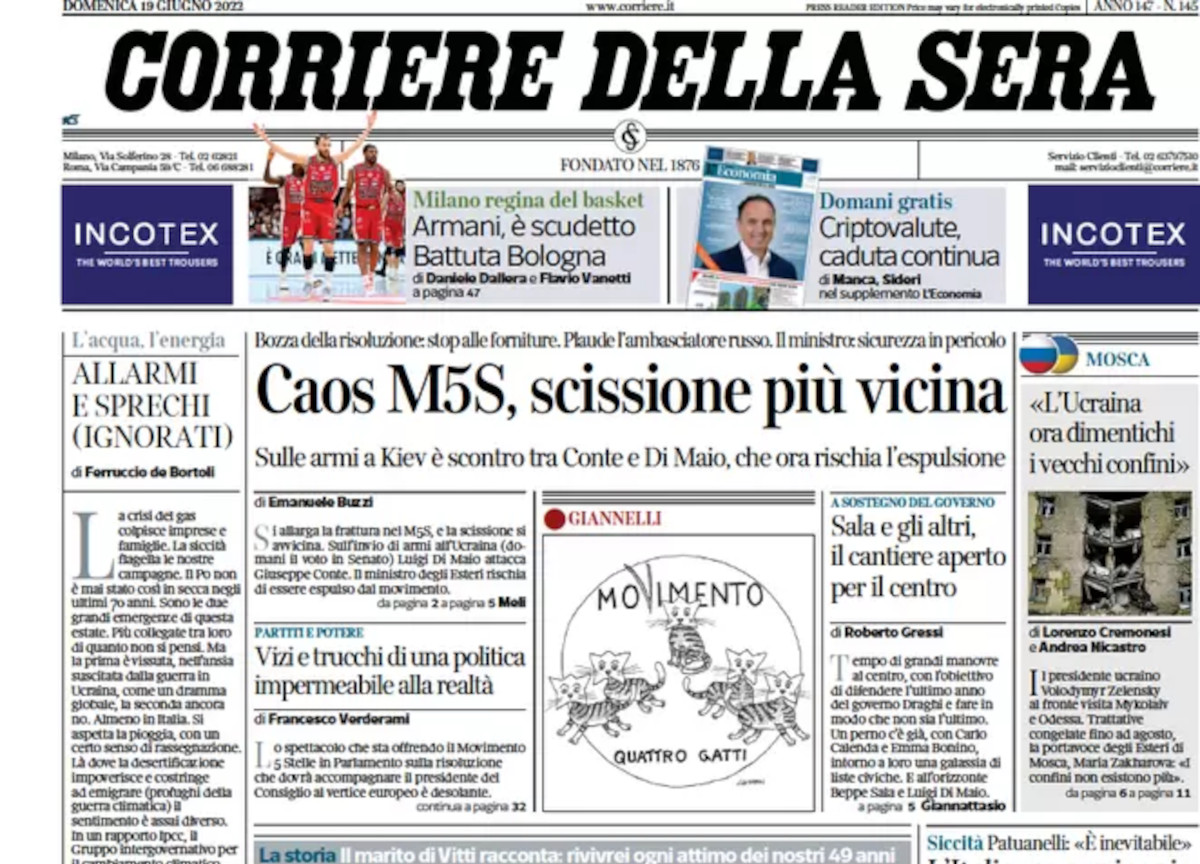 Prime pagine quotidiani 19 giugno 2022: razionamento gas e scissione nel M5s