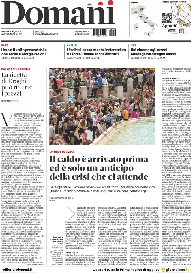 Prime pagine quotidiani 19 giugno 2022: razionamento gas e scissione nel M5s