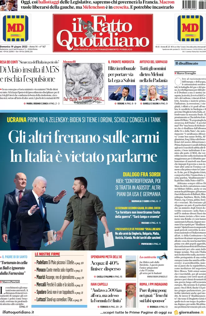 Prime pagine quotidiani 19 giugno 2022: razionamento gas e scissione nel M5s