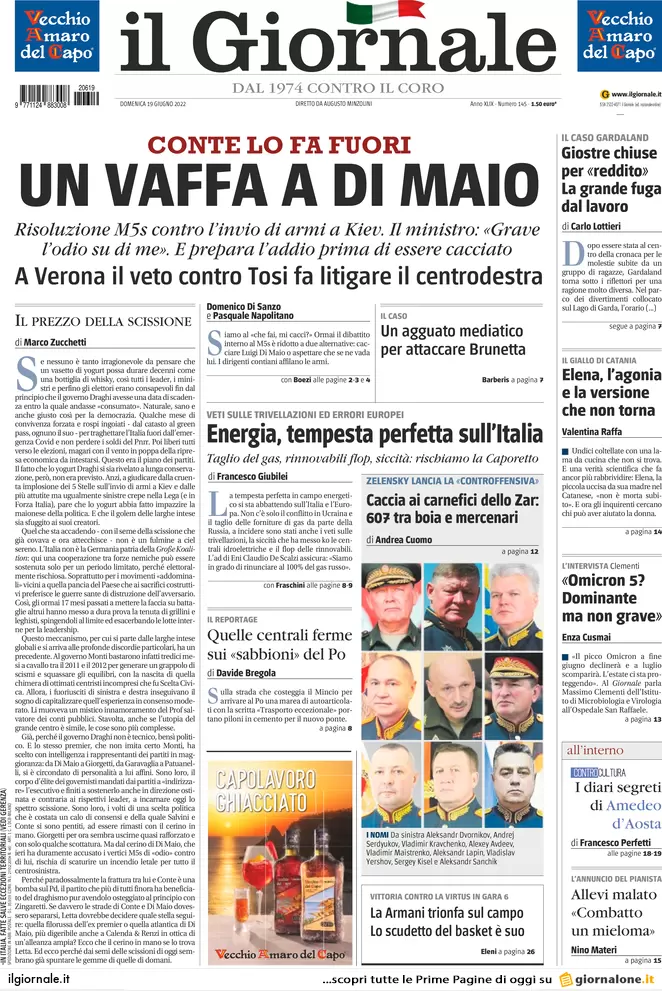 Prime pagine quotidiani 19 giugno 2022: razionamento gas e scissione nel M5s