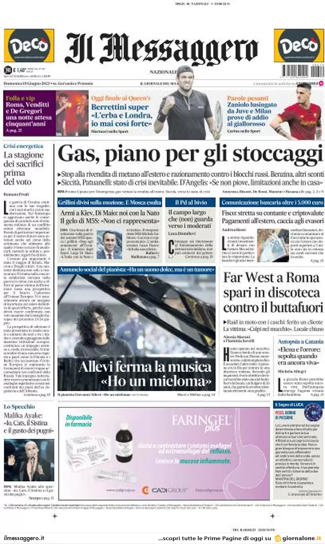 Prime pagine quotidiani 19 giugno 2022: razionamento gas e scissione nel M5s