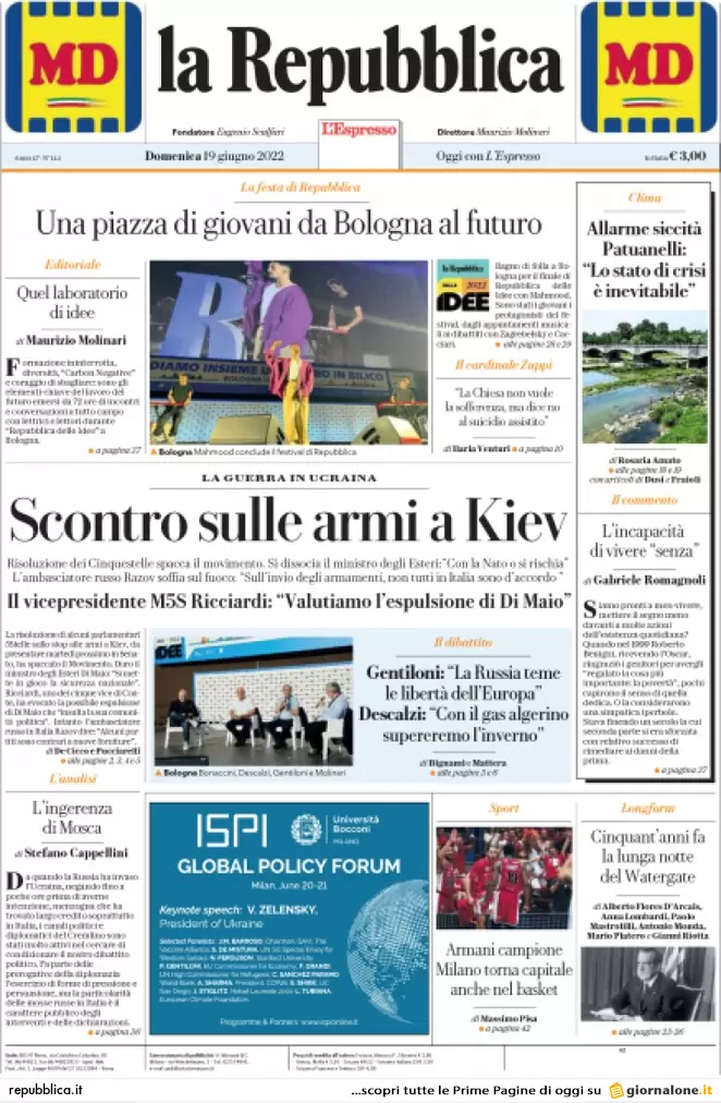 Prime pagine quotidiani 19 giugno 2022: razionamento gas e scissione nel M5s