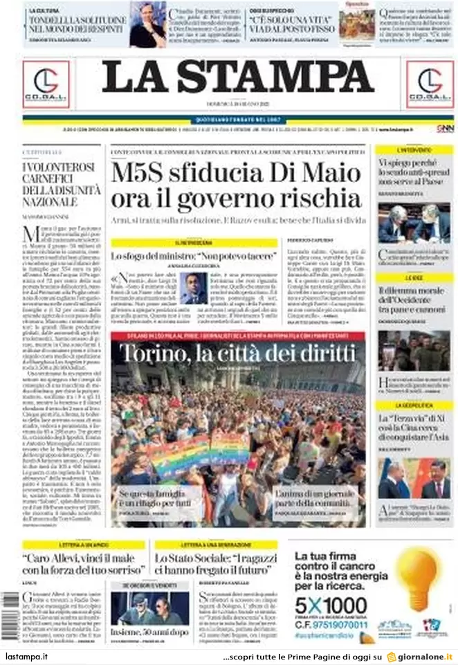 Prime pagine quotidiani 19 giugno 2022: razionamento gas e scissione nel M5s
