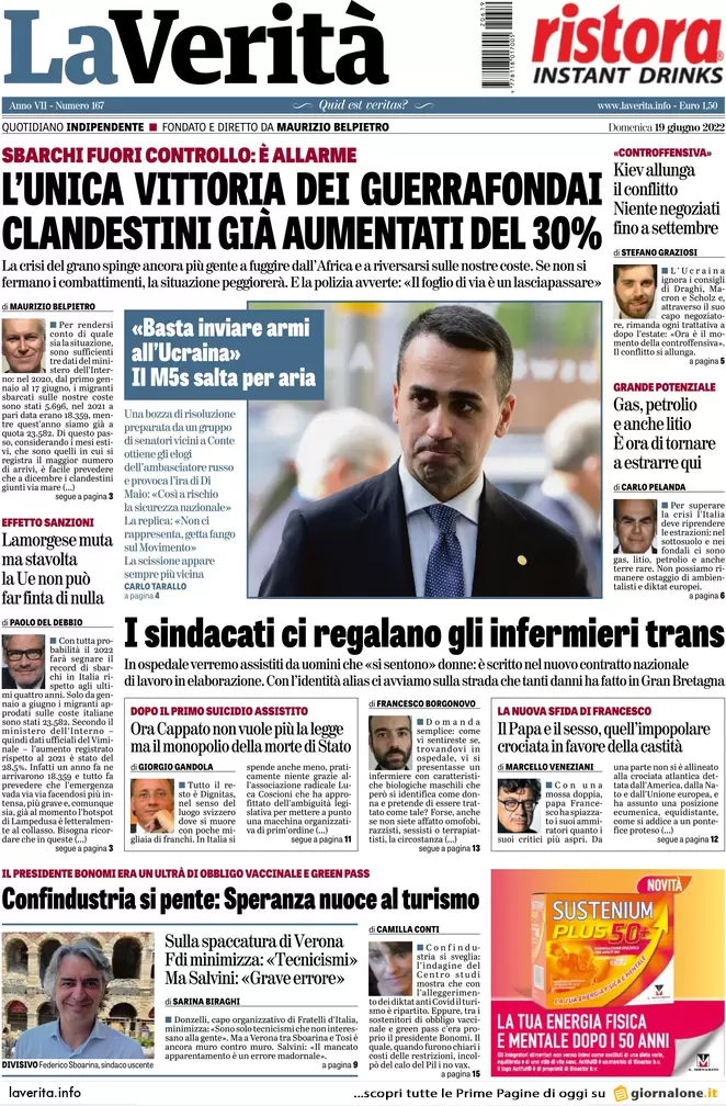 Prime pagine quotidiani 19 giugno 2022: razionamento gas e scissione nel M5s
