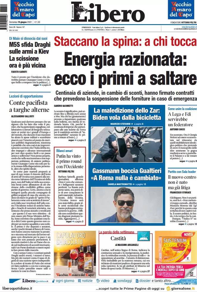 Prime pagine quotidiani 19 giugno 2022: razionamento gas e scissione nel M5s