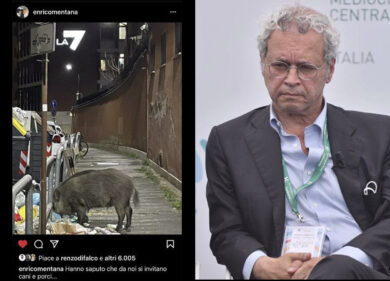 Mentana posta l’incontro con un cinghiale sotto la sede di La7