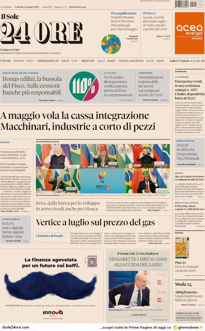 Prime pagine quotidiani 24 giugno 2022: la Ue accoglie l’Ucraina e la siccità Prime pagine quotidiani 24 giugno 2022: la Ue accoglie l’Ucraina e la siccità