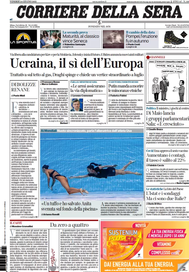 Prime pagine quotidiani 24 giugno 2022: la Ue accoglie l’Ucraina e la siccità Prime pagine quotidiani 24 giugno 2022: la Ue accoglie l’Ucraina e la siccità