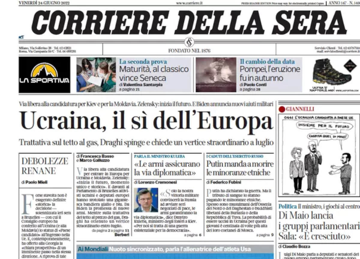 Prime pagine quotidiani 24 giugno 2022: la Ue accoglie l’Ucraina e la siccità Prime pagine quotidiani 24 giugno 2022: la Ue accoglie l’Ucraina e la siccità